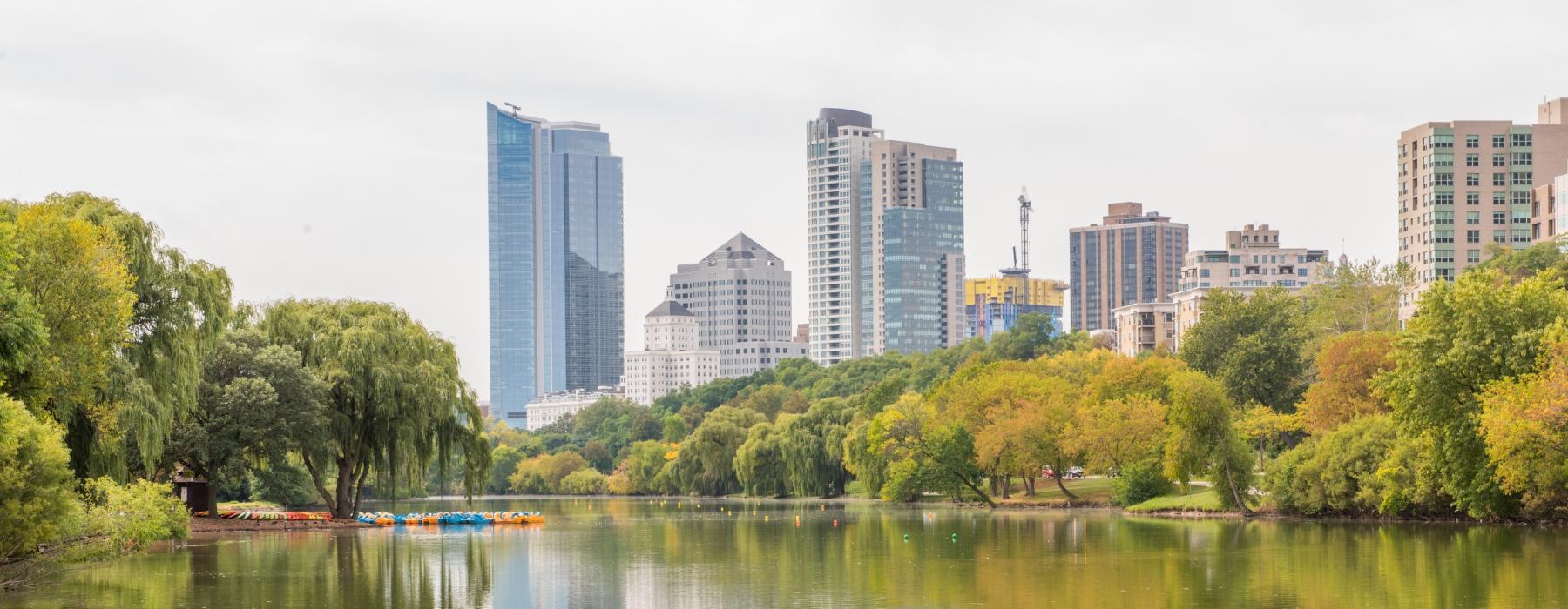 a body of water with trees and buildings in the background